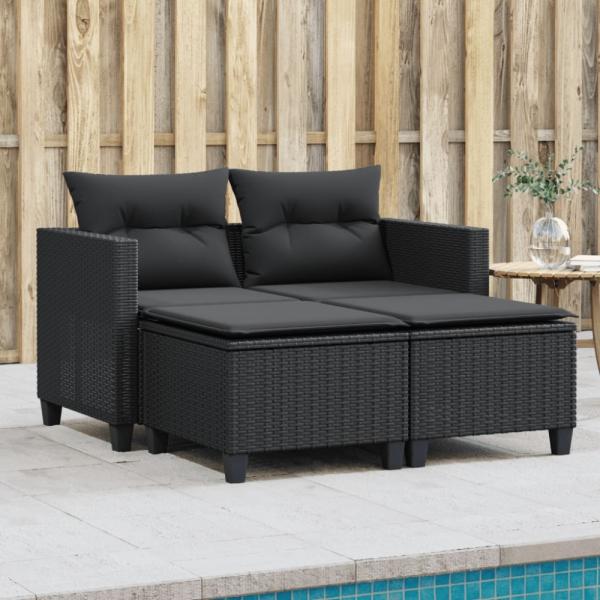 vidaXL Gartensofa 2-Sitzer mit Hockern Schwarz Poly Rattan 365791