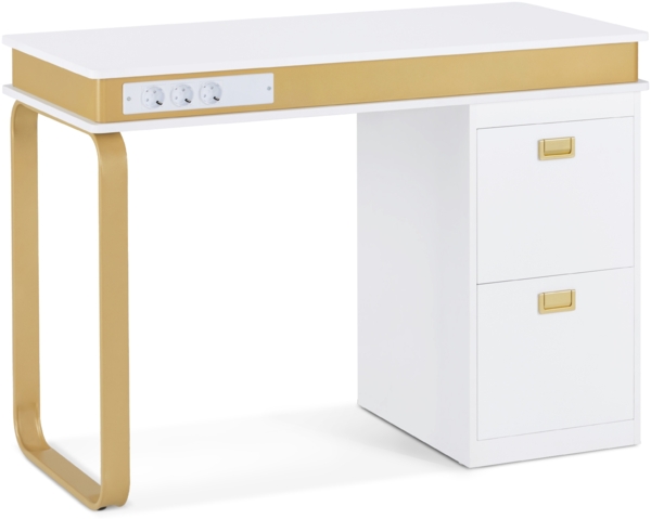 BarberPub Schreibtisch mit Schubladen für Nagelstudio, Manikürtisch mit 3 Steckdosen, Schminktisch ohne Spiegel Weiß-Gold, Nageltisch aus Holz Metallgestell, Nagelfrisiertisch, 50x110x80,5cm, 2484