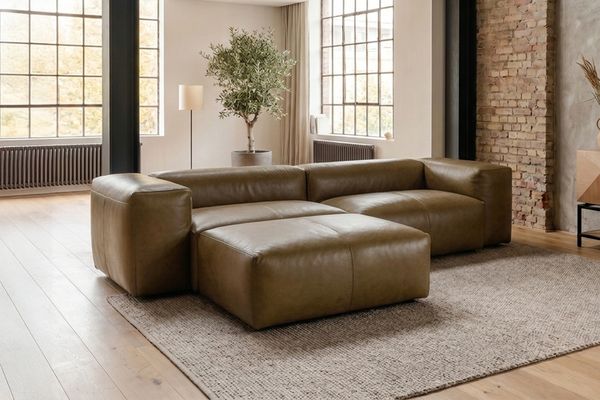 KAWOLA Sofa CELESTE 4-Sitzer mit Hocker Leder camel 72 x 114 x 302 cm