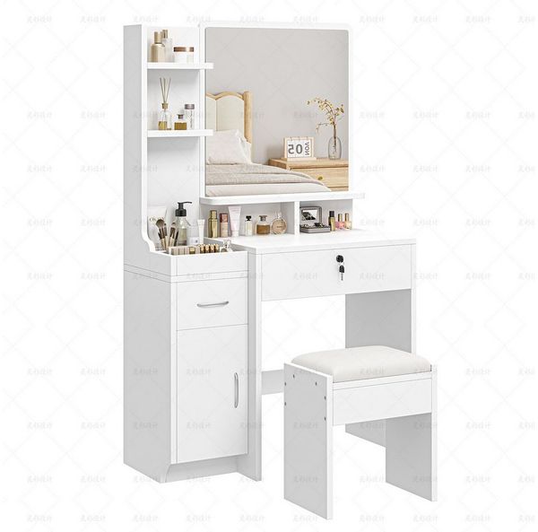 Dripex Schminktisch mit Spiegel, Hocker und Schubladen, Weiß, 87 x 38,3 x 141,5 cm, Mit seitlichem Stauraum