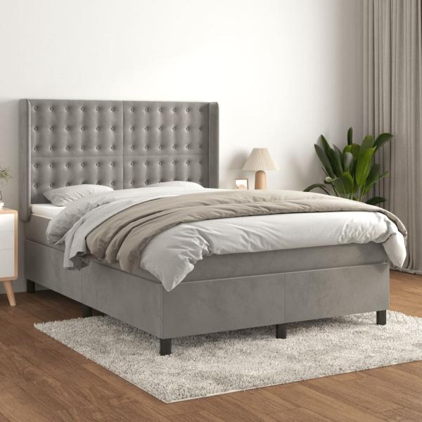 vidaXL Boxspringbett mit Matratze Hellgrau 140x200 cm Samt 3132921