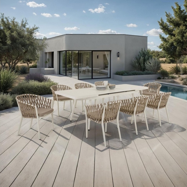 IDIMEX Garten-Essgruppe SUNNY, Gartenmöbel Set mit 8 Stühlen & ausziehbarem Tisch weiß/beige