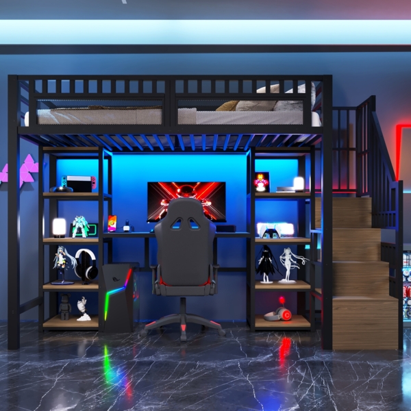 Merax Hochbett, 90 x 200 cm, Kinderbett, Jugendbett, Eisenrahmen, Ablagefach, Leiter mit Stauraum, Schreibtisch, LED-Lichtleiste, USB-Anschluss inklusive, schwarz