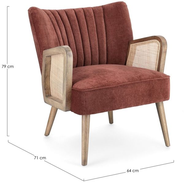 Sessel Virna aus Stoff, modernes Design mit Rattan-Armlehnen, skandinavisch, rot, komfortabel gepolstert Bild 6