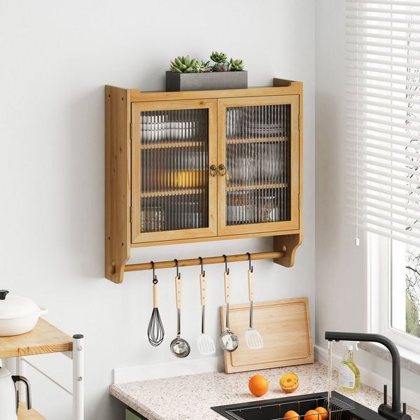 HAUSS SPOLE Hängeschrank 30cm Wandschrank Badezimmerschrank Küchenschrank mit Handtuchhalter (Vintage 63 cm Wandregal mit Doppelglastüren – 3 Stufiger Stauraum mit Handtuchhalter, Naturholz – Wandmontage für Badezimmer, Küche, Esszimmer – Stabil & Plat...