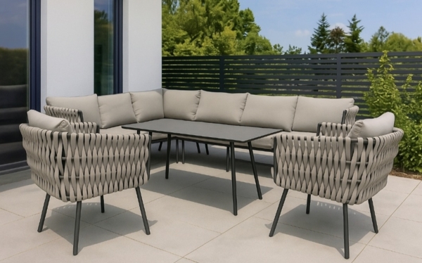 Gardissimo Gartenlounge-Set Abby links taupe Rope Dining Gartenmöbelset, (Set, 4-tlg, Alu, Ecklounge, Esstisch, 2 Sessel, inkl. Auflagen), wetterfest / Bezüge waschbar / Aluminium