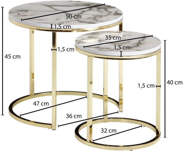 Wohnling Design Beistelltisch 2er Set Marmor Optik Rund, Weiß Bild 8