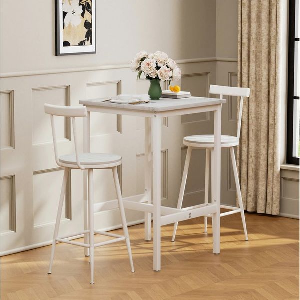 HAUSS SPOLE Essgruppe 3-tlg Bar-Tisch und Hocker-Set mit zwei Stühlen mit Fußpolstern,weiß, (Bar-Tisch-Set mit Bar-Tisch und zwei Hockern, aus hochwertige Spanplattenoberfläche), für Esszimmer, Wohnzimmer oder Küche
