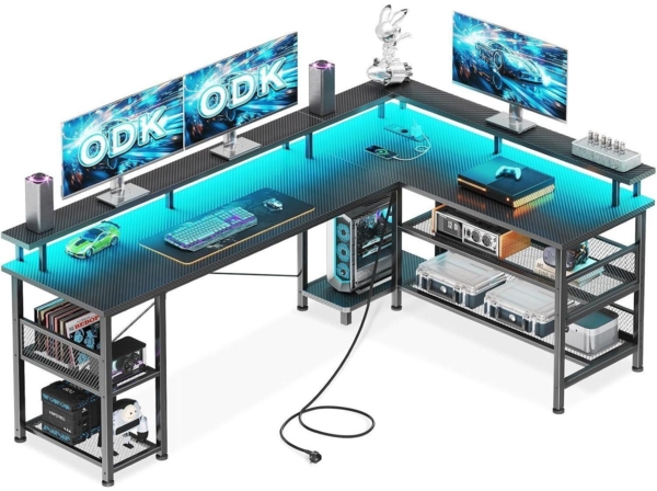 Gaming Tisch LED Eckschreibtisch 2 Steckdosen USB Kohlefaser Schwarz 168×120cm