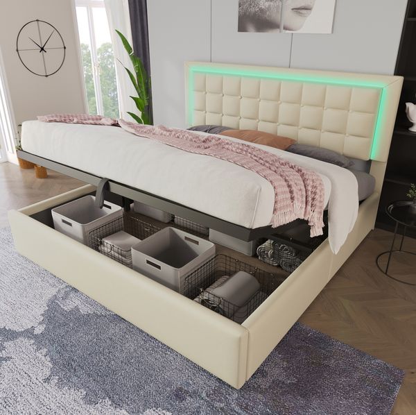 Polsterbett 160x200 cm mit LED, Stauraum und Matratze – Bettgestell aus PU in Weiß