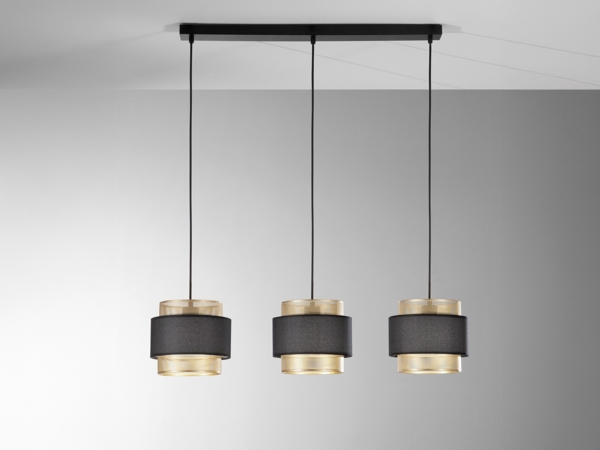 LED Hängelampe 3-flammig, Metall Gold mit Stoffblende Schwarz, Breite 85cm