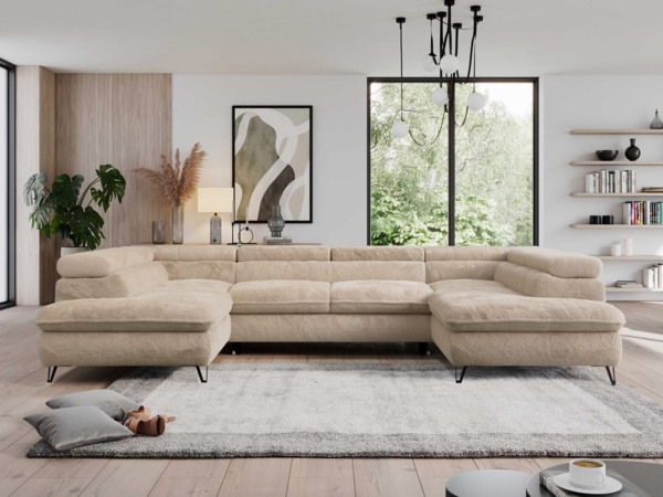 Ecksofa mit Schlaffunktion und verstellbaren Kopfstützen, große U-förmige Ecke - PEDRO U - Beige Plüsch