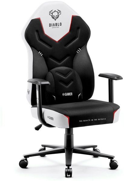 Diablo X-Gamer 2. 0 Gaming Stuhl Bürostuhl Stoffbezug Ergonomisches Design Lendenwirbelkissen Softpadauflage (Schwarz-Weiß)