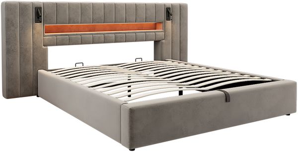 Merax Polsterbett, 180 x 200 cm mit USB-Anschluss, Doppelbett, Stauraumbett, Funktionbett, mit LED-Beleuchtung, mit Nachttischlampe, mit Stauraum, ohne Matratze, Samt, grau Bild 7