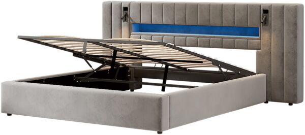 Merax Polsterbett, 180 x 200 cm mit USB-Anschluss, Doppelbett, Stauraumbett, Funktionbett, mit LED-Beleuchtung, mit Nachttischlampe, mit Stauraum, ohne Matratze, Samt, grau Bild 9