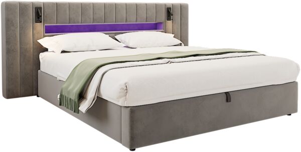 Merax Polsterbett, 180 x 200 cm mit USB-Anschluss, Doppelbett, Stauraumbett, Funktionbett, mit LED-Beleuchtung, mit Nachttischlampe, mit Stauraum, ohne Matratze, Samt, grau Bild 10
