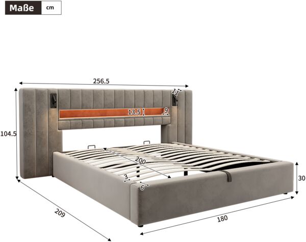 Merax Polsterbett, 180 x 200 cm mit USB-Anschluss, Doppelbett, Stauraumbett, Funktionbett, mit LED-Beleuchtung, mit Nachttischlampe, mit Stauraum, ohne Matratze, Samt, grau Bild 4