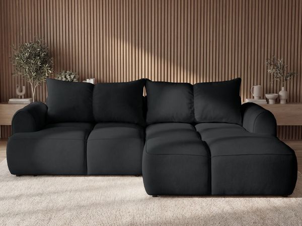 GRAINGOLD Ecksofa Boono, Sofa L-Form mit Schlaffunktion, Eckcouch für Wohnzimmer, Velour-Stoff, Schwarz, Rechts