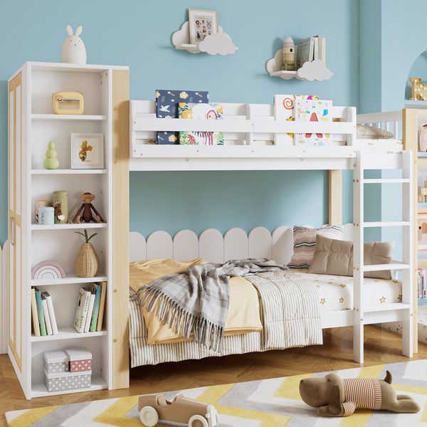 Kinder Etagenbett 90x200 mit Kleiderschrank und Regalen, Hochbett mit Schließfächern, 4-stufiger Leiter, viel Stauraum, weiß