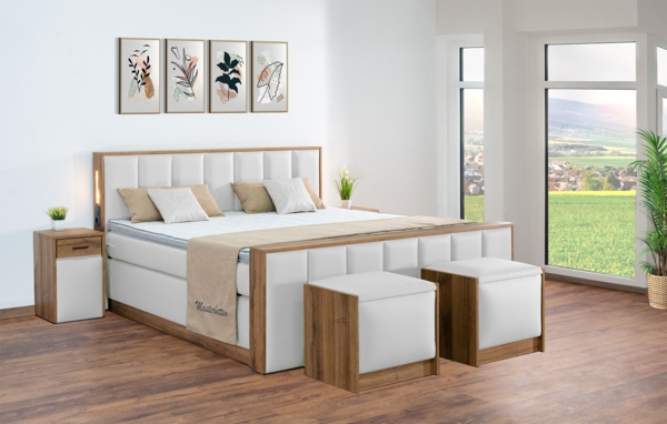 Meisterbetten Boxspringbett Sely mit Holzdekor Eiche Cognac 240x200 in LM-Weiß, Matratzenbezug Nano, Midisoft-Topper Bild 3