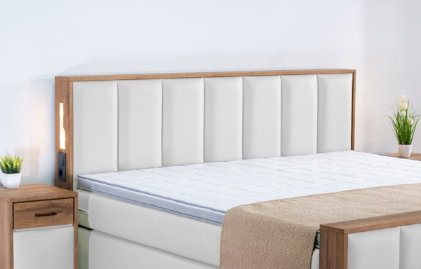 Meisterbetten Boxspringbett Sely mit Holzdekor Eiche Cognac 240x200 in LM-Weiß, Matratzenbezug Nano, Midisoft-Topper Bild 4