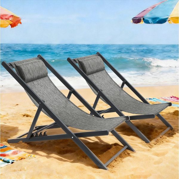 Mondeer Sonnenliege 2er Set, klappbarer Liegestuhl mit Kopfstütze und Verstellbarer Rückenlehne für Garten Pool Terrasse, Belastbarkeit 130kg, W104 x D58 x H95cm, Schwarz und Grau