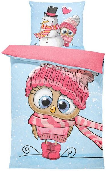One Home Bettwäsche Laurie, Fleece, 4 teilig, süße Eule, kuschelig flauschig warm weich Winter