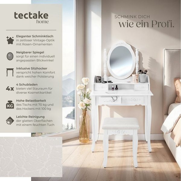 tectake Schminktisch Frisiertisch mit Spiegel und Hocker im Antik Look (1-St, 2 tlg), Stabile und hochwertige Verarbeitung