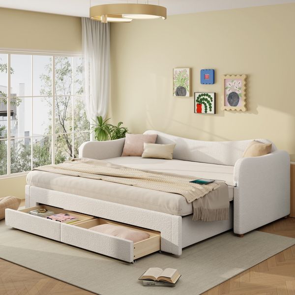 Schlafsofa mit Bettfunktion, Schubladen, Lattenrost, USB und Type-C, 90x200cm/180x200cm, Liegefläche erweiterbar, Polsterbett, Frottee