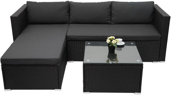 Poly-Rattan Garnitur HWC-F57, Balkon-/Garten-/Lounge-Set Sofa Sitzgruppe ~ schwarz, Kissen dunkelgrau ohne Deko-Kissen