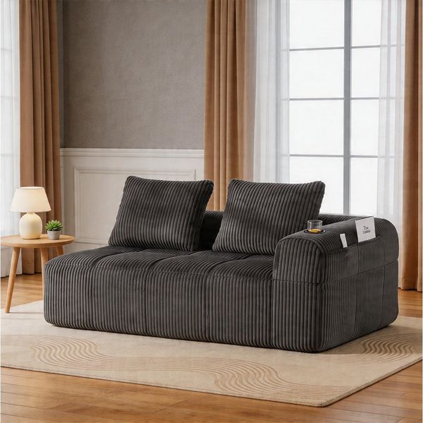 MODFU Sofa Cord-Kompaktsofa, mit seitlicher Tasche für Handy & Fernbedienung, integrierter Getränkehalter