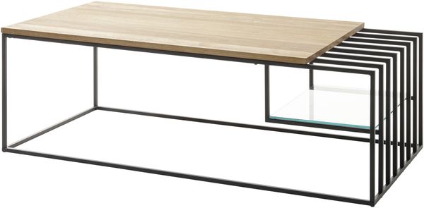 Couchtisch >JUBA< in Eiche, Massivholz / Metall / Klarglas - 120x40x60cm (BxHxT)