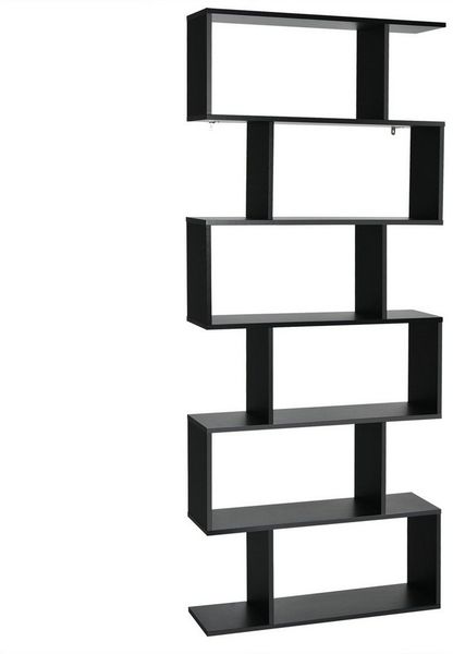 COSTWAY Bücherregal Holz, Standregal mit 6 Ebenen, Aktenregal für Pflanzen & Bücher, Wandregal inkl. Befestigungsmaterial, Aufbewahrungsregal S-Form, Büroregal Farbwahl (schwarz)