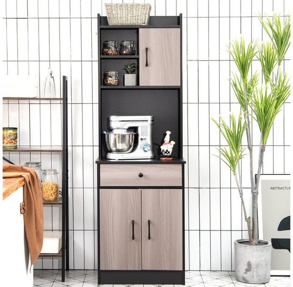 COSTWAY 180cm Küchenschrank Holz mit Schublade, verstellbare Einlegeböden und Kabelloch, großes offenes Raum für Mikrowelle, freistehend, 60 x 40 x 180 cm (Schwarz)