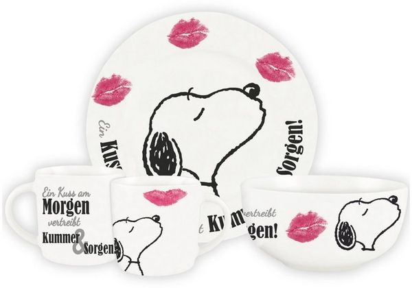 United Labels® Frühstücks-Geschirrset Peanuts Snoopy - Kuss - 3-teilig, 1 Personen, Porzellan