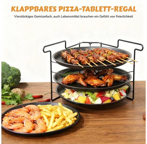 BlingBin Pizzablech Pizzapfannen, Pizza Backset, Pizzabackblech Mit Standhalterung, Kohlenstoffstahl, (4er Set, 4-St, 4 Stück), Pizzagestell für Backofen, 4 Pizzen Gleichzeitig Backen, ø28 cm