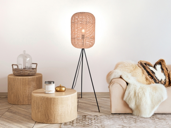 Stehlampe RUNA Dreibein mit Korbgeflecht Lampenschirm aus Sisal, Höhe 150cm