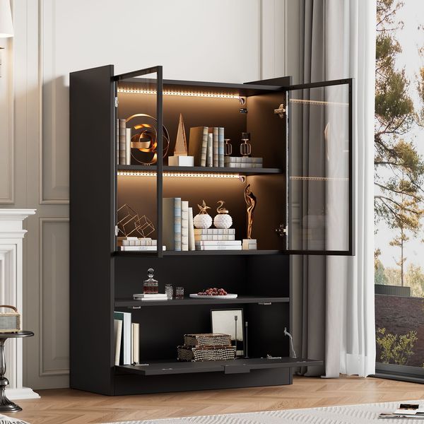 Vitrine mit LED-Beleuchtung & Glastüren, 80x35x120 cm, Schwarz