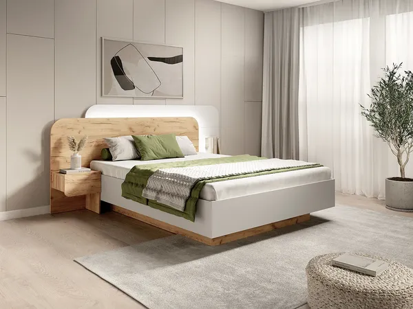 Vente-unique - DESADO Bett Holz, Platte BeigeWeiß - B 208,8 cm x H 115,6 cm x L 245,2 cm