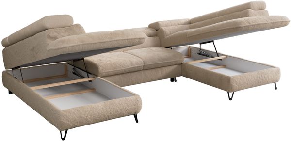 Ecksofa mit Schlaffunktion und verstellbaren Kopfstützen, große U-förmige Ecke - PEDRO U - Beige Plüsch - Topper T25 Bild 7