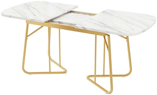 BBWL Esstisch Weißer Erweiterbarer Esstisch mit Marmorstruktur und Gold-Metallbeinen (140 bis 180 x 80 cm moderner minimalistischer Luxusstil robuste MDF-Tischplatte belastbar bis 60 kg eleganter rechteckiger Tisch für 4 bis 6 Personen vielseitig erwei...