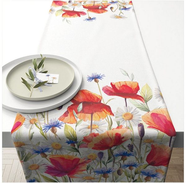Ambiente® Tischläufer Poppies and cornflowers (1-tlg, 1-teilig), Tischläufer Tischdecke ca. 40x150 cm Baumwolle
