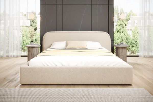 Compleo Polsterbett Bequemes Bett, Designerbett, Minimalistisches Design, Bouclé Stoff, Elegantes Schlafzimmer