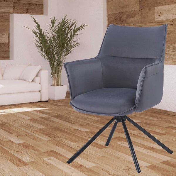 Drehbarer Design Stuhl AURELIA dunkel-grau Samt schwarz Metallgestell 360°