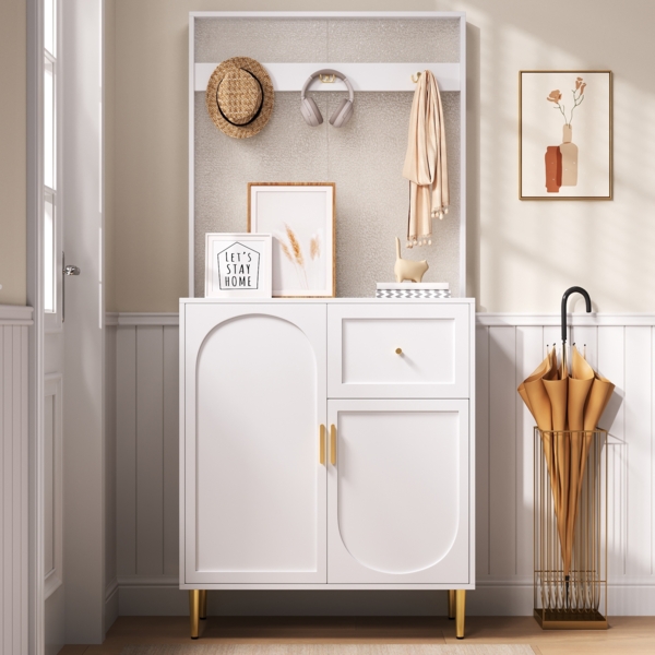 Kompaktgarderobe Weiß Gold mit Soft-Close, verstellbaren Einlegeböden, Haken, modernem Flur-Organizer Design