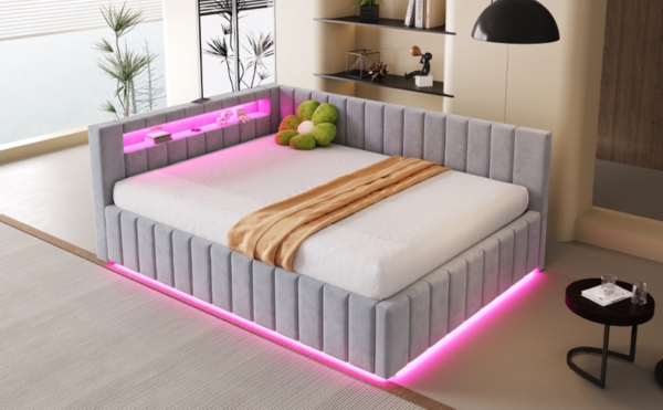 Merax Daybett Polsterbett Schlafsofa 140x200, Mit hydraulischem Stauraum, Mit LED-Licht und USB-Ladeanschluss, Samt, hellgrau Bild 6