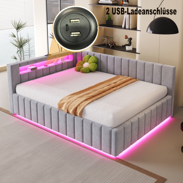 Merax Daybett Polsterbett Schlafsofa 140x200, Mit hydraulischem Stauraum, Mit LED-Licht und USB-Ladeanschluss, Samt, hellgrau Bild 2