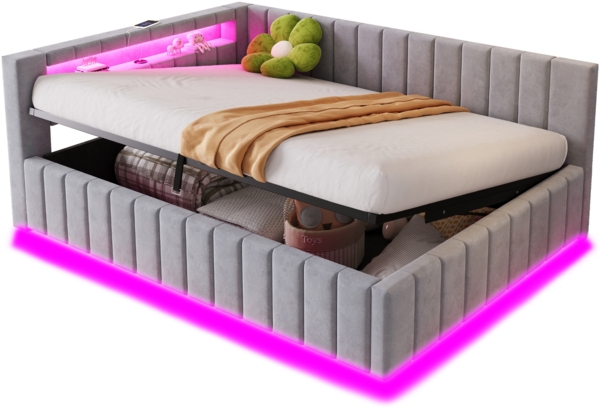 Merax Daybett Polsterbett Schlafsofa 140x200, Mit hydraulischem Stauraum, Mit LED-Licht und USB-Ladeanschluss, Samt, hellgrau Bild 10