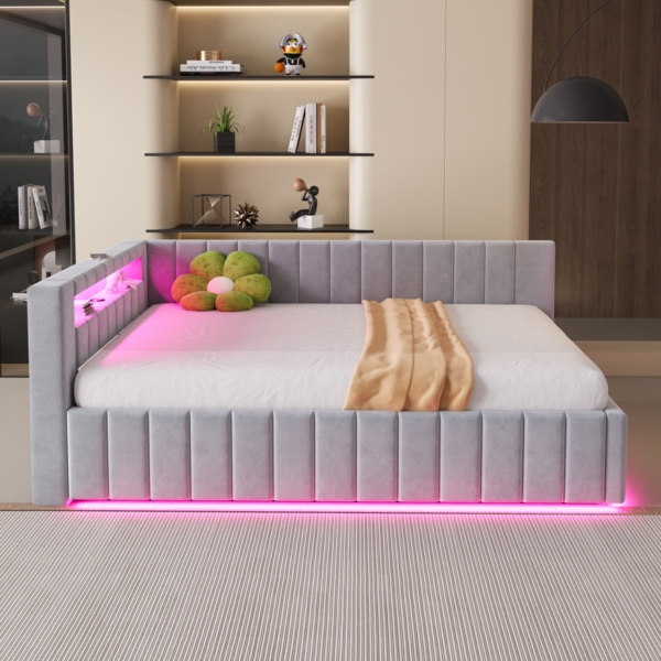 Merax Daybett Polsterbett Schlafsofa 140x200, Mit hydraulischem Stauraum, Mit LED-Licht und USB-Ladeanschluss, Samt, hellgrau Bild 5