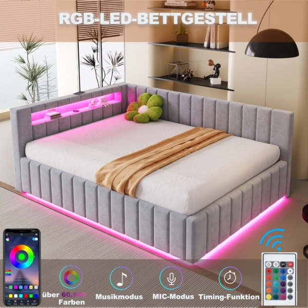 Merax Daybett Polsterbett Schlafsofa 140x200, Mit hydraulischem Stauraum, Mit LED-Licht und USB-Ladeanschluss, Samt, hellgrau Bild 3